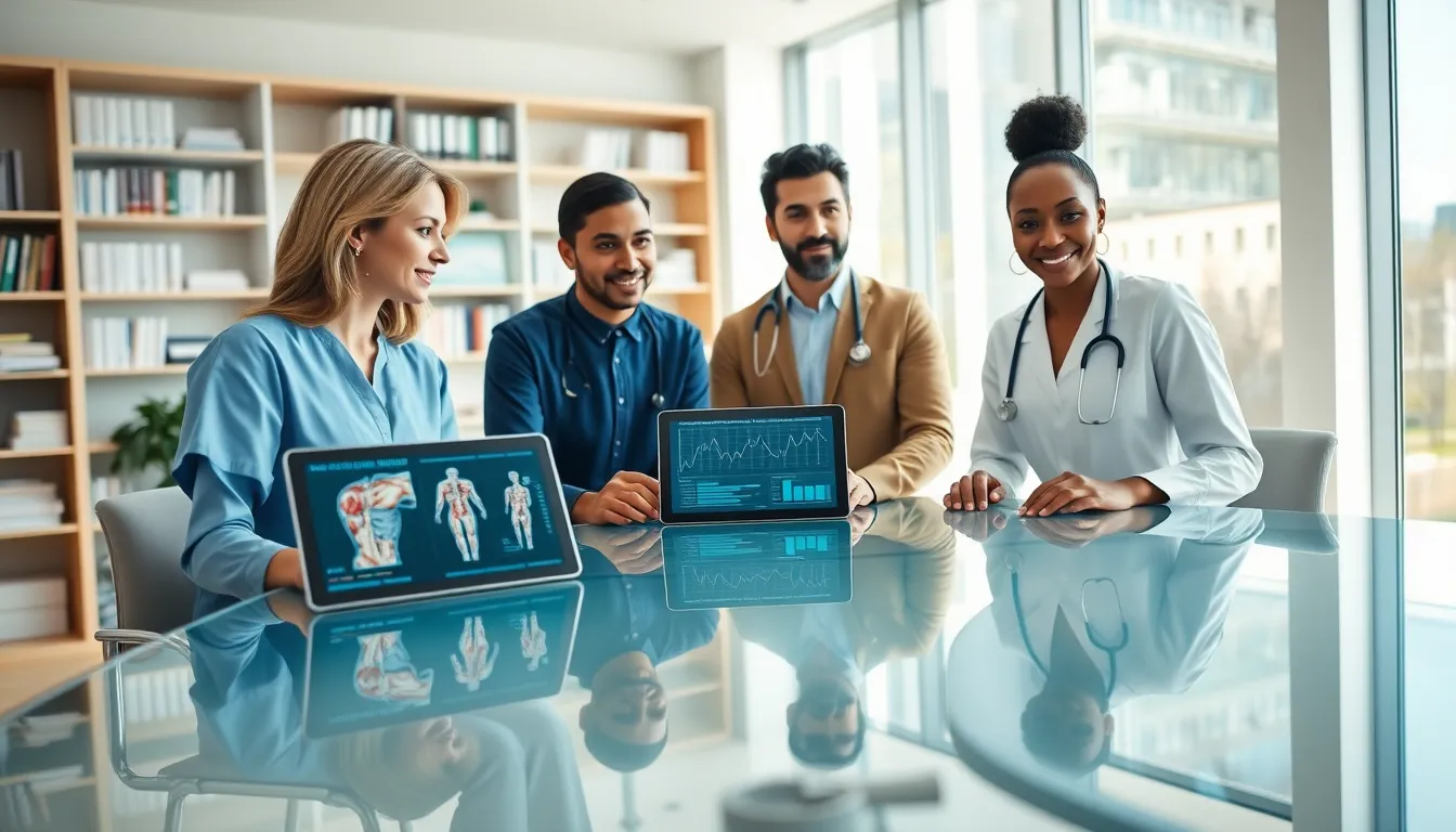 Health professionals discussing muscle condition in a modern office.