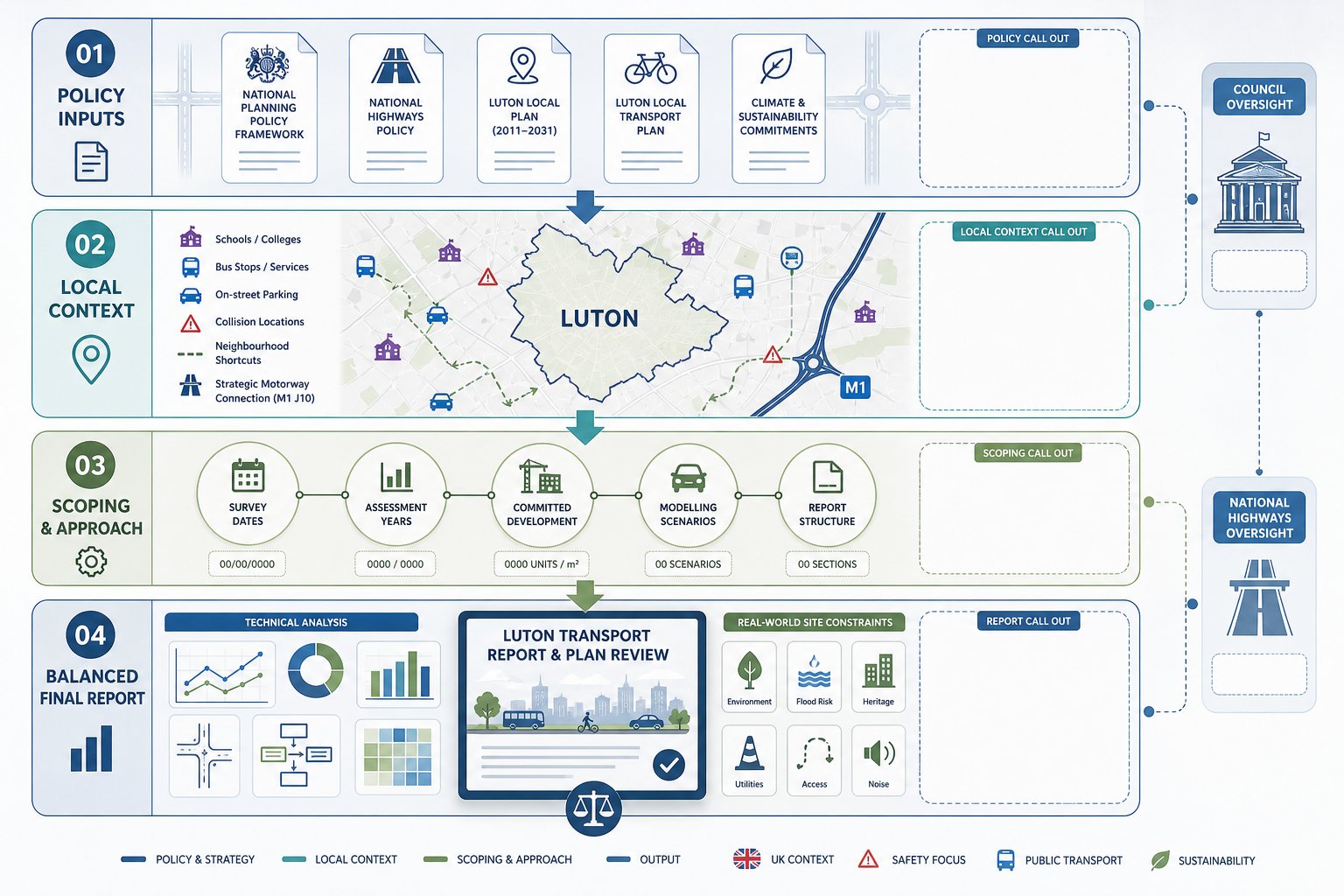 Infographic of Luton transport report inputs, local constraints, and planning process.