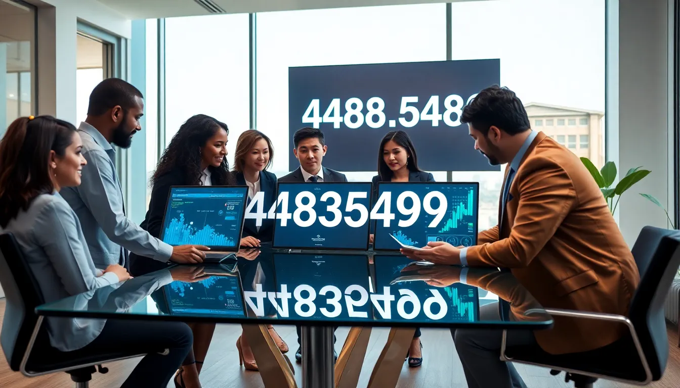 diverse team discussing data in a modern office setting.