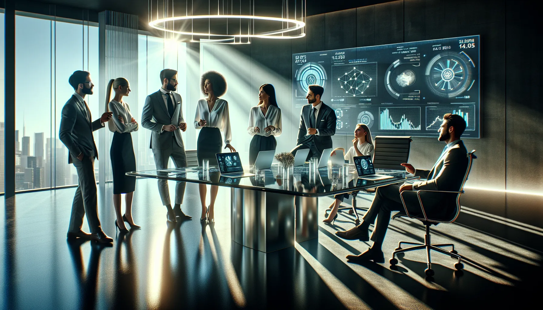 diverse professionals discussing cryptocurrency trends in a modern office.