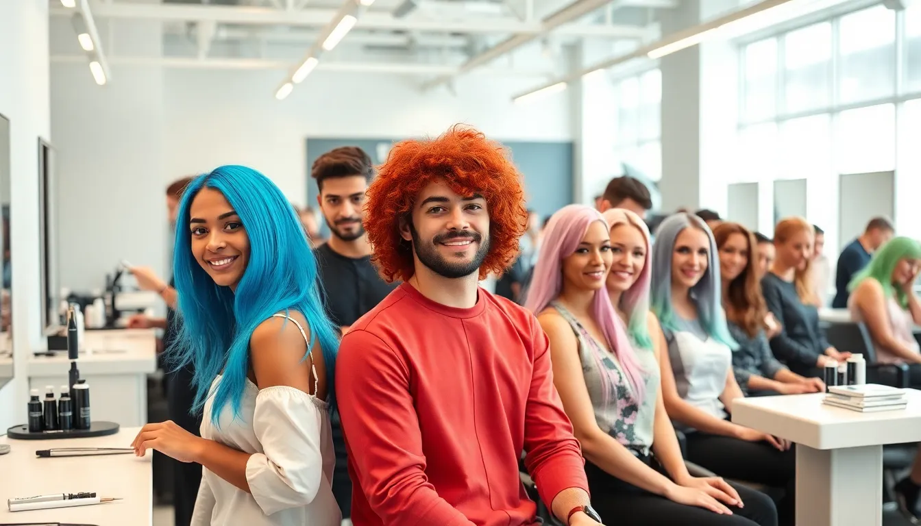 hair salon with diverse individuals showcasing bold and pastel hair colors.