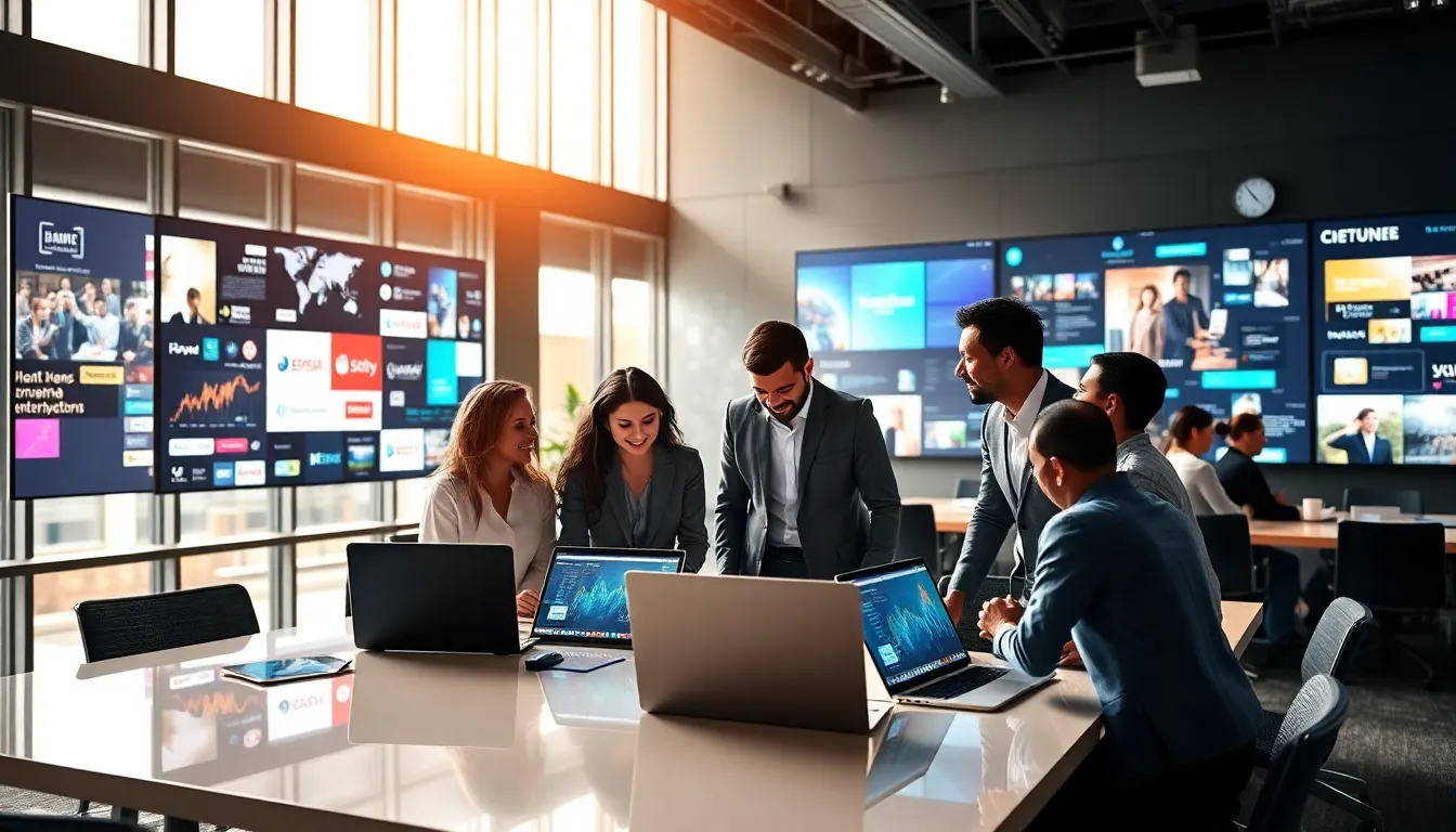 diverse team discussing media trends in a modern office.