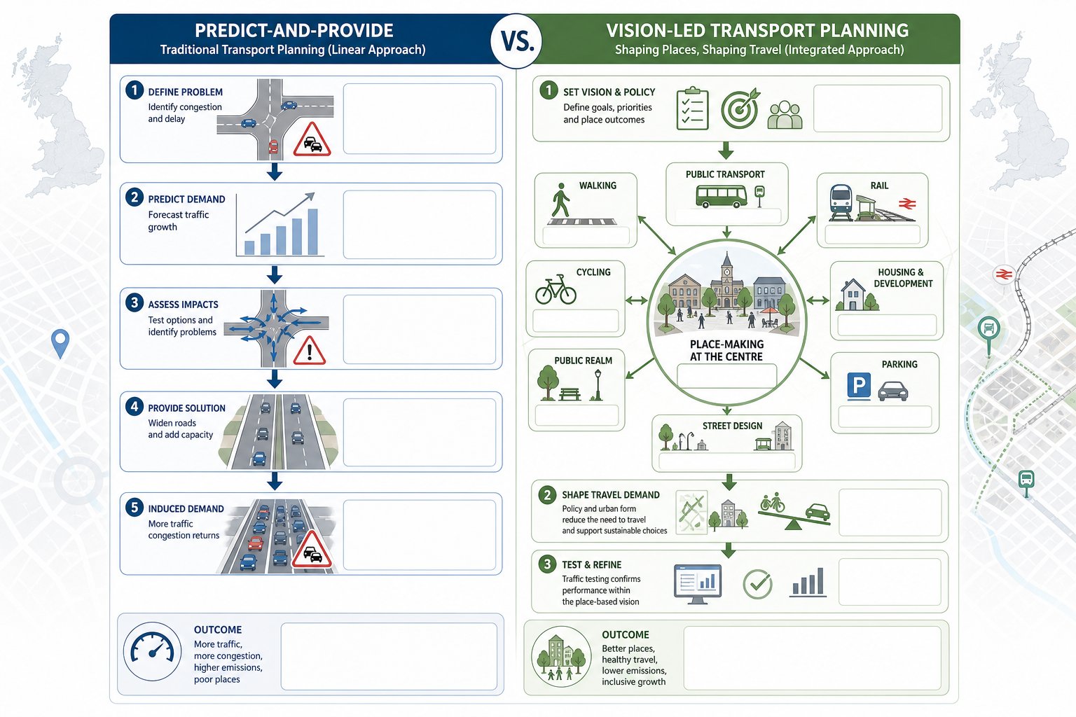 Comparison of traditional and vision-led transport planning in the United Kingdom.