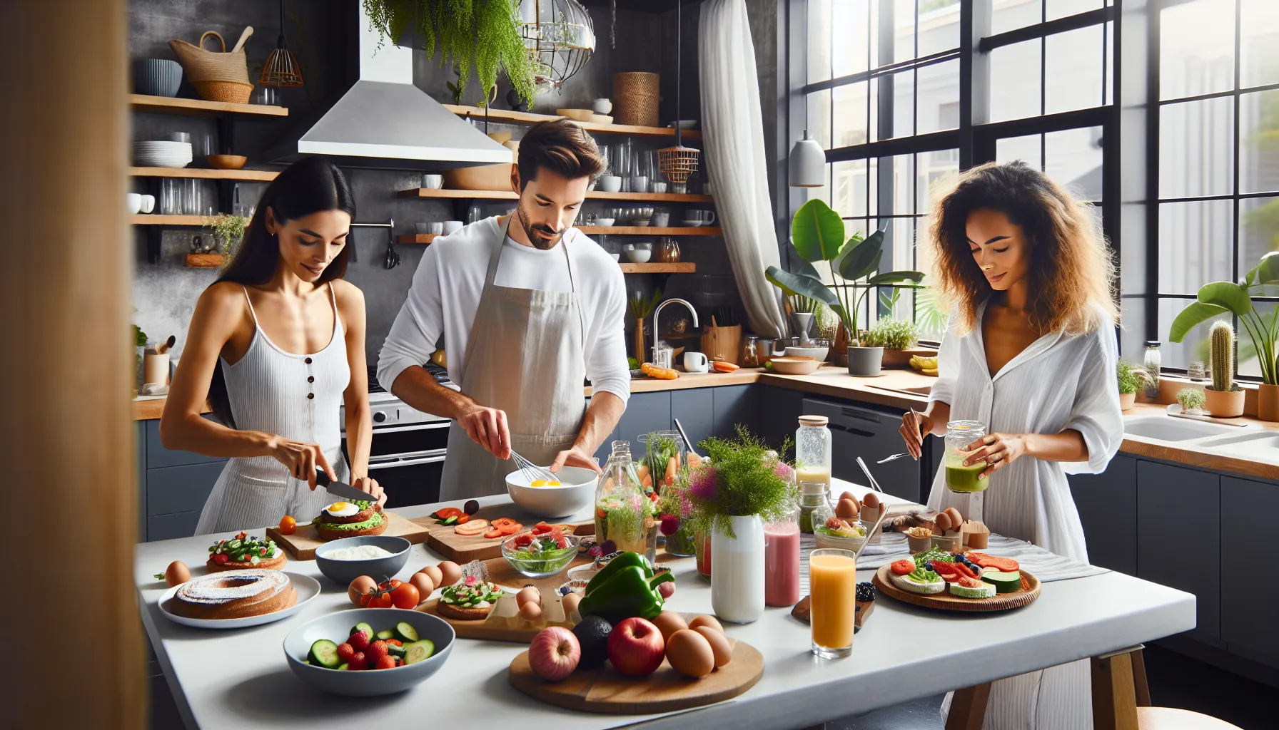 diverse group preparing a fast brunch in a bright kitchen.