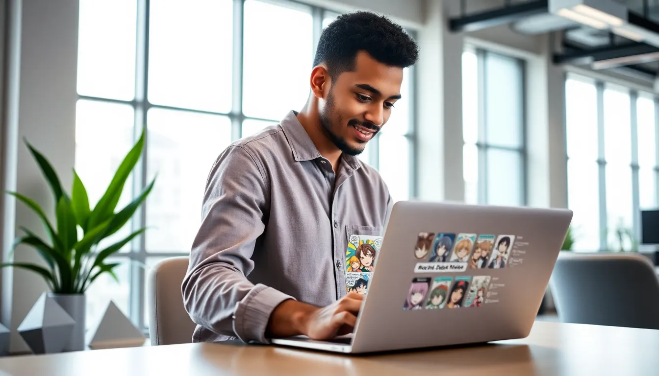 user engaging with a manga website in a modern office setting.