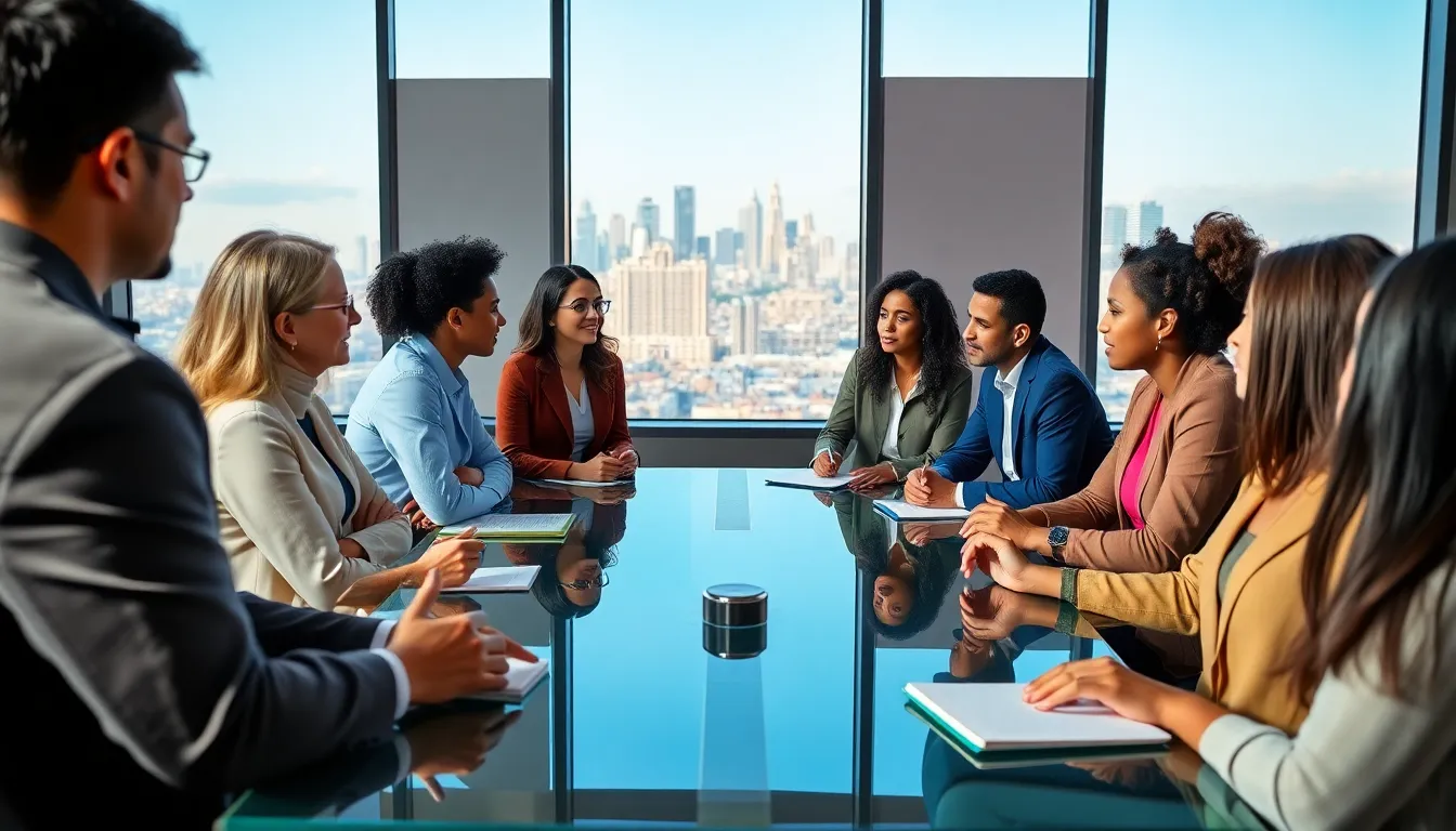 diverse professionals discussing personal and collective growth in a modern office.