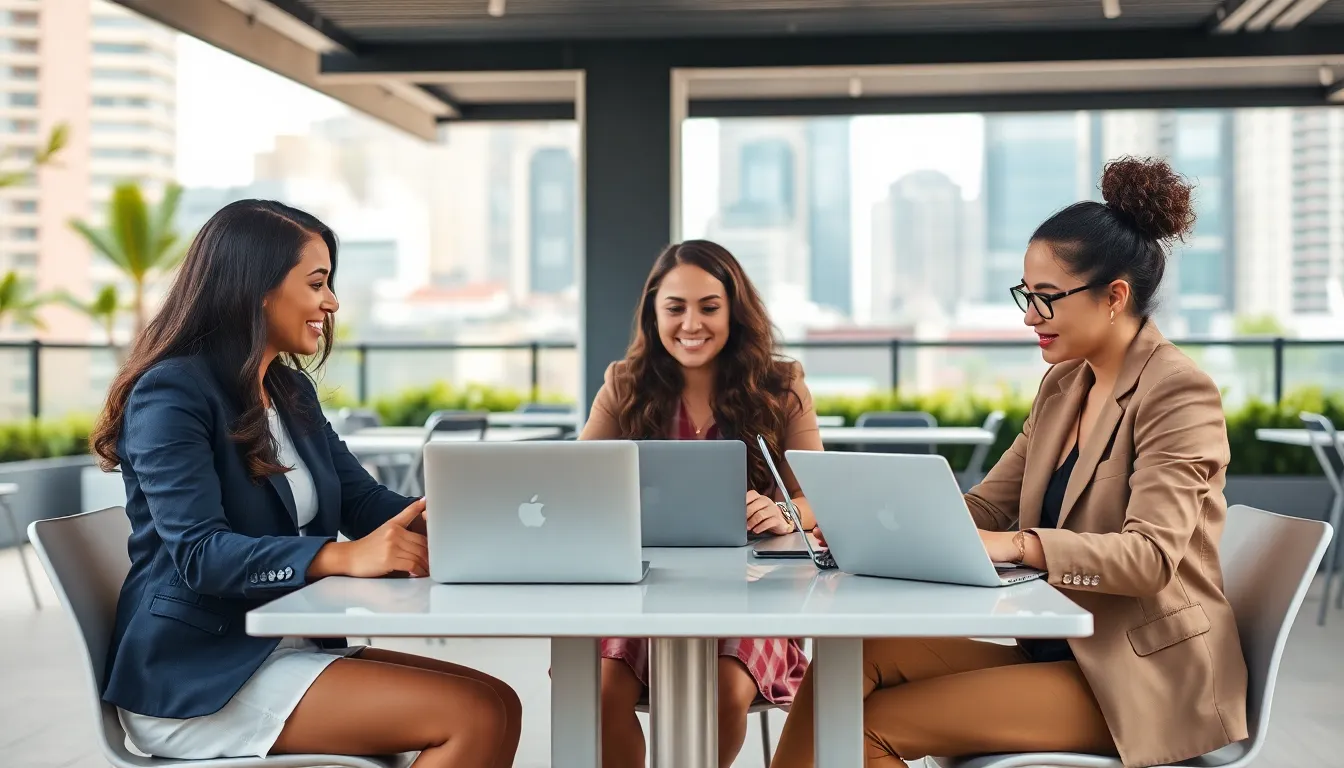diverse professionals working in an outdoor café setting.