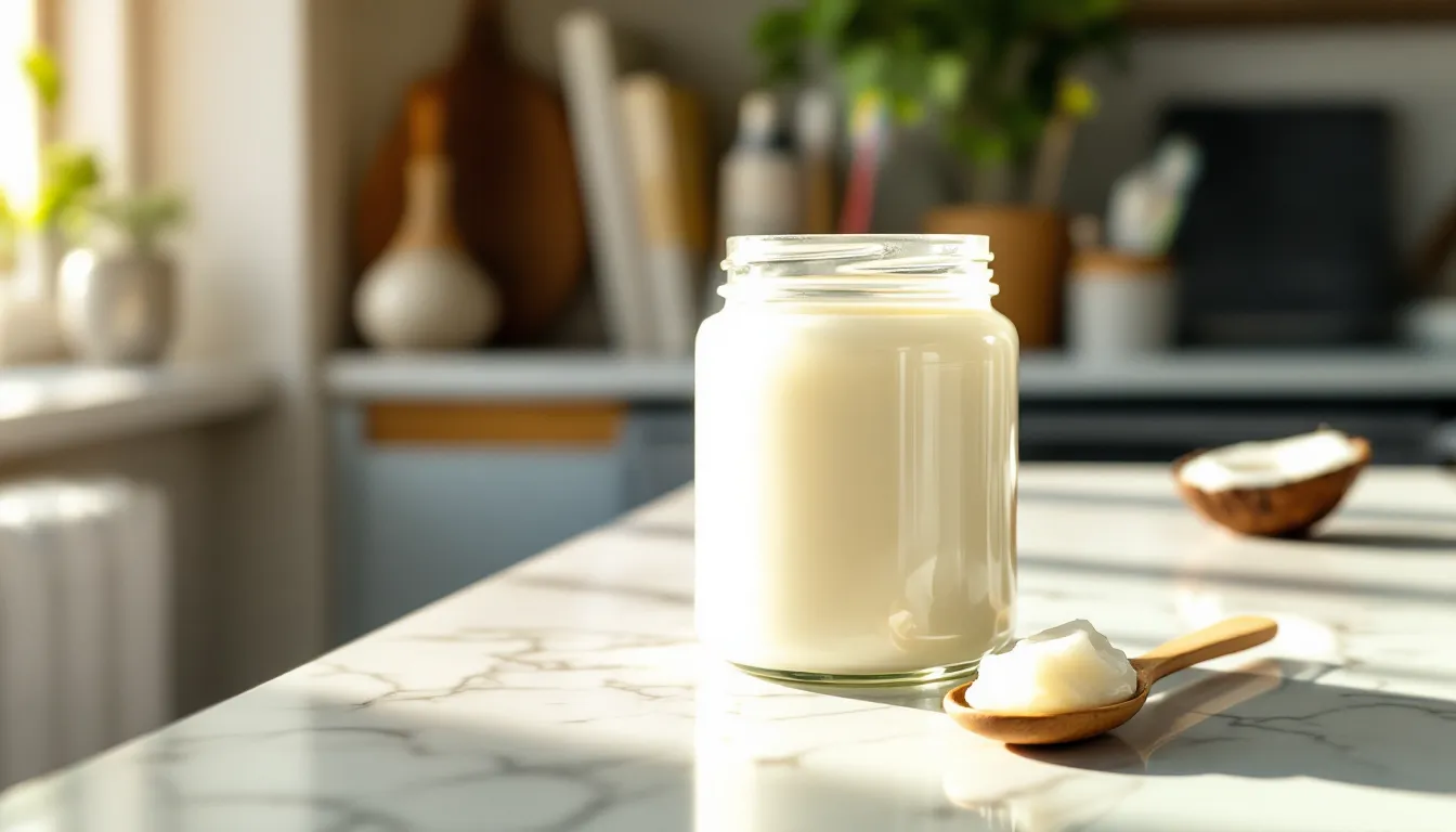 Coconut oil jar on a kitchen counter beside research papers and a toothbrush.