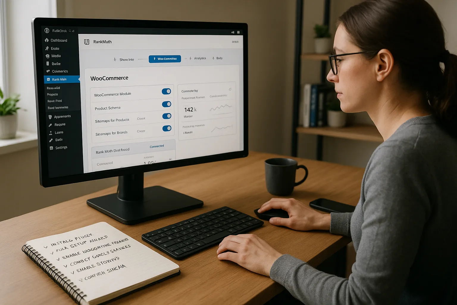 RankMath for WooCommerce: A Practical SEO Guide for Online Stores 5 Person configuring RankMath for WooCommerce on a WordPress dashboard in a home office.