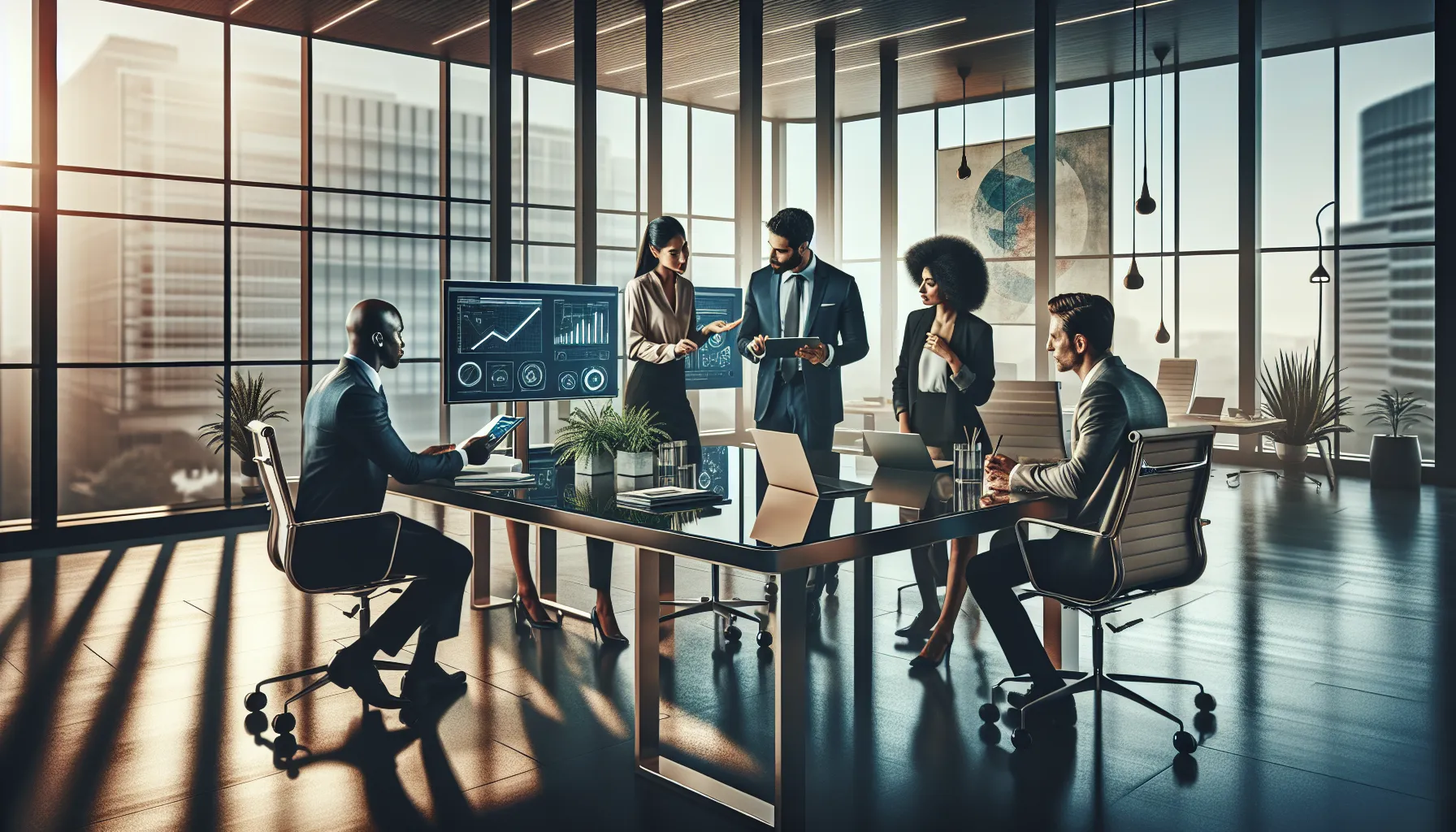 diverse team collaborating in a modern office using Emwatki6.