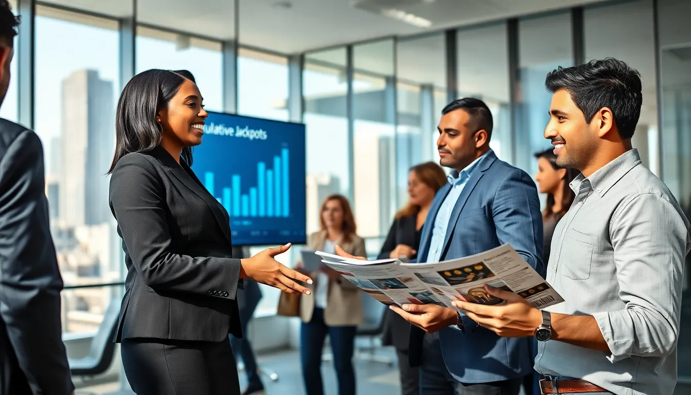 A diverse group discussing real estate and accumulative jackpots in a modern office.