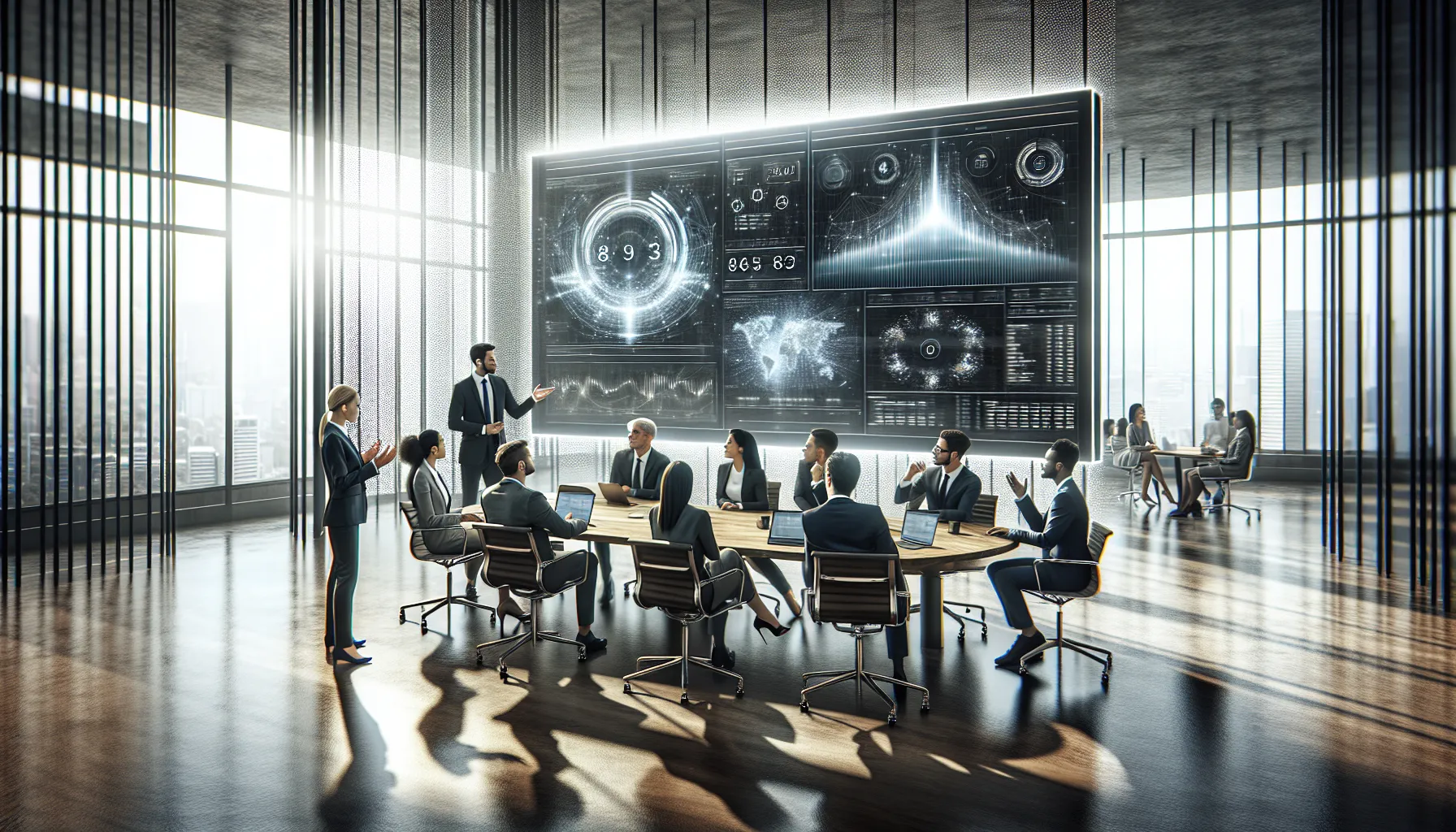 diverse team discussing data analytics in a modern office.