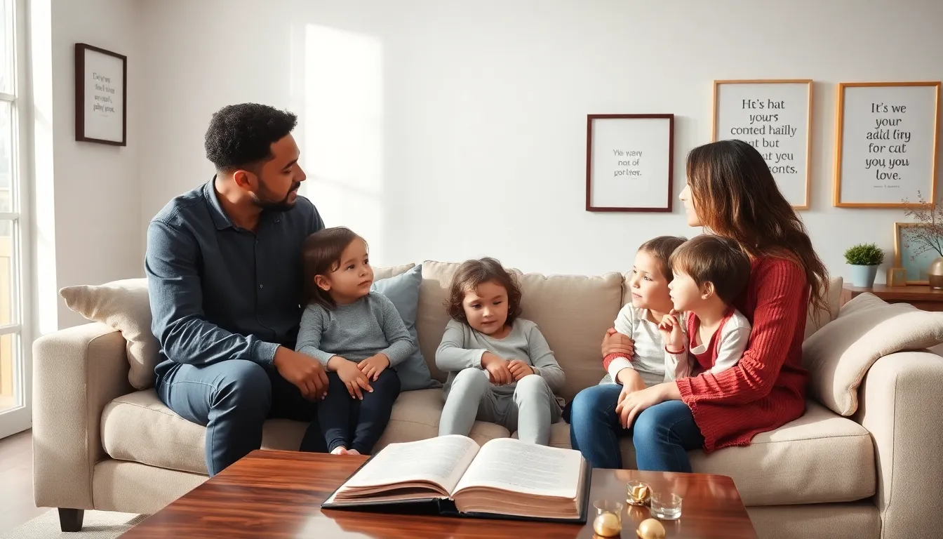 family discussing Christian parenting principles in a cozy living room.