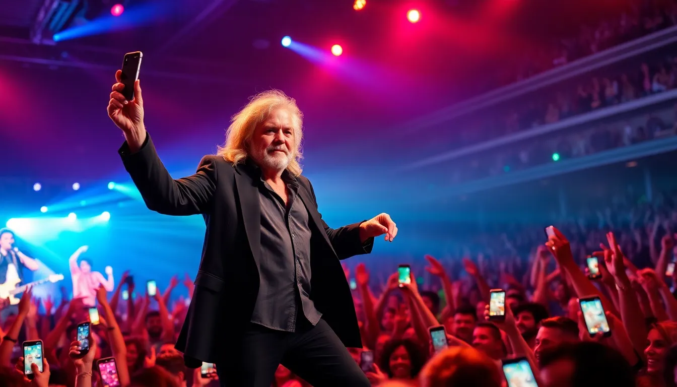 Robert Plant performing live in a vibrant concert atmosphere.