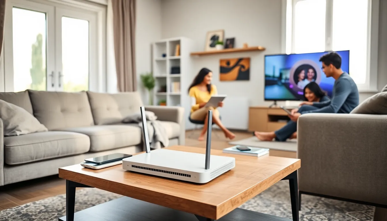 family enjoying connected devices in a modern living room.
