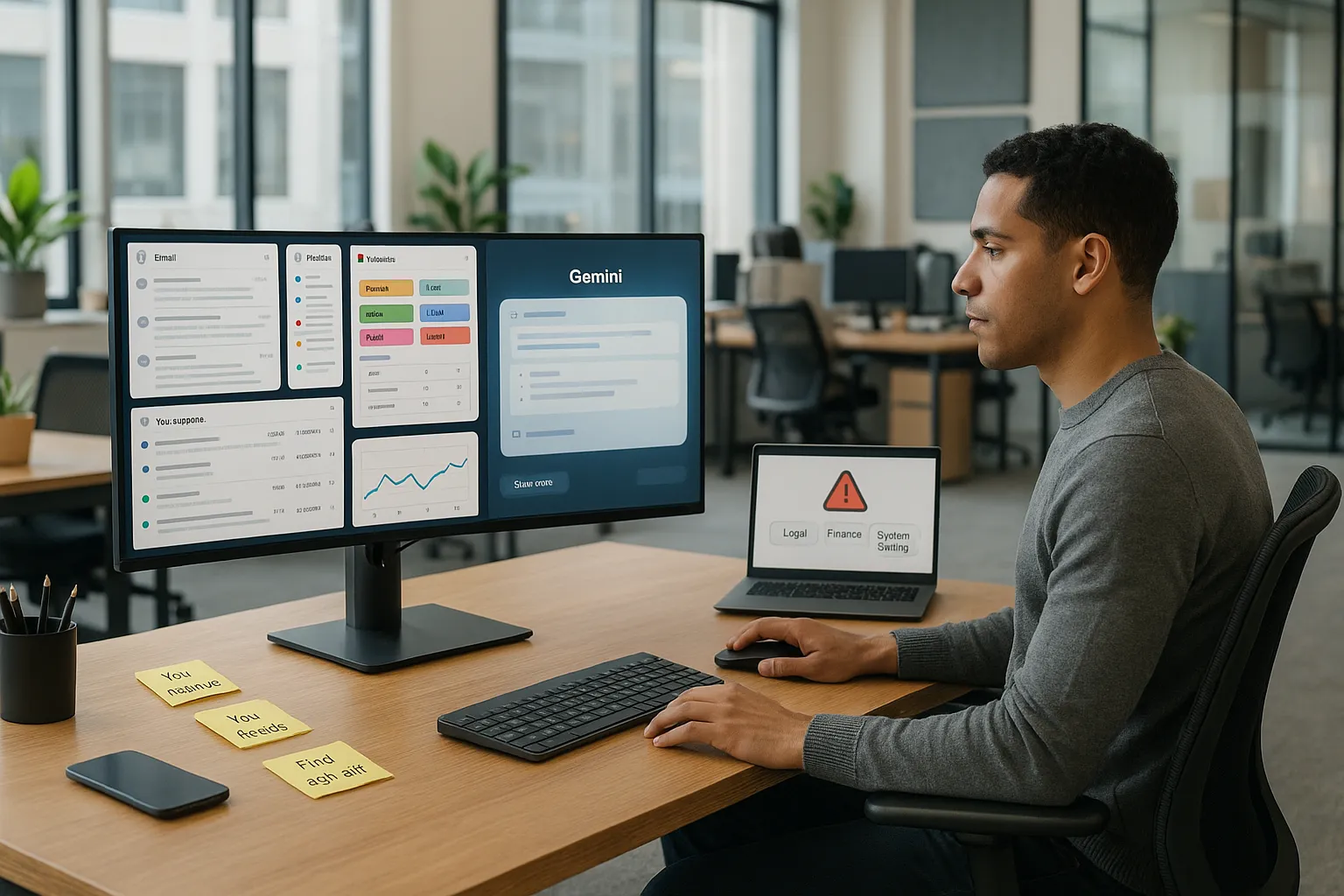 Office worker reviewing Gemini AI suggestions while staying in control of final decisions.