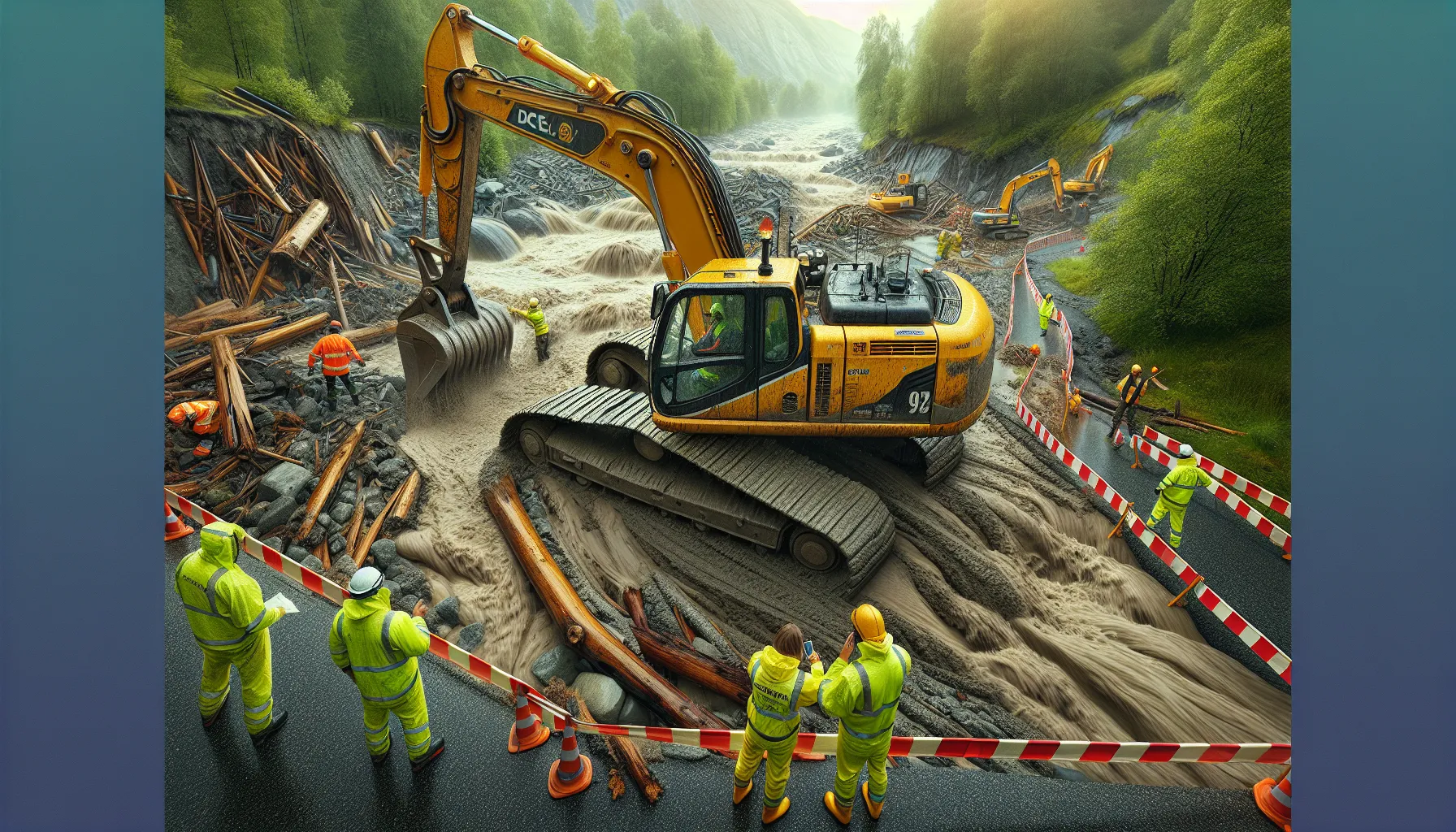 Excavator clearing flood and landslide debris from a norwegian road.