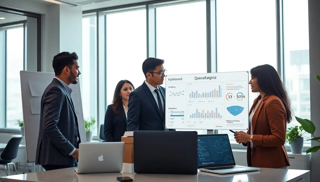 diverse team discussing Qevafaginz Network analytics in a modern office.