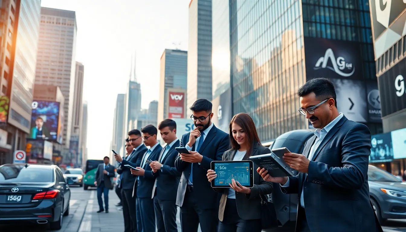 professionals interacting with smart devices in a futuristic urban setting.