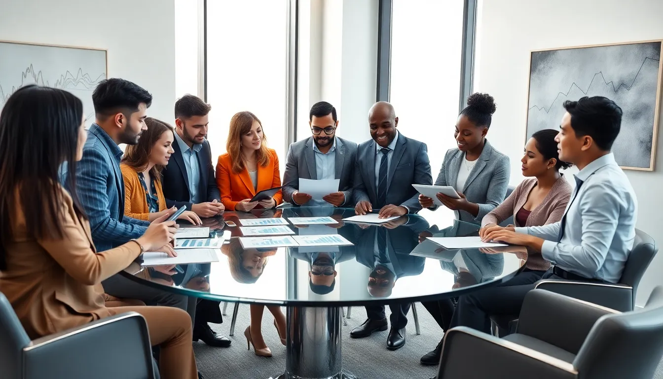 diverse team discussing economic data in a modern office.