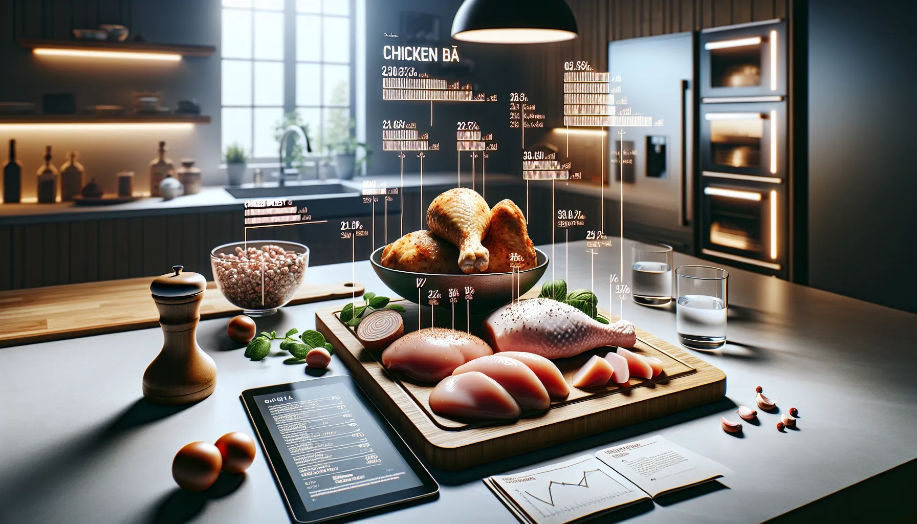 Chicken cuts with labeled nutritional values on a modern kitchen counter.