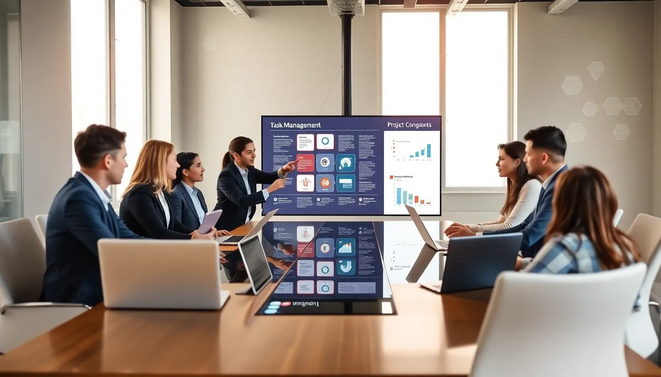 diverse team collaborating in a modern office on task management.