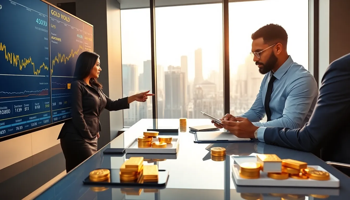 diverse professionals analyzing gold exchange rates in a modern trading room.