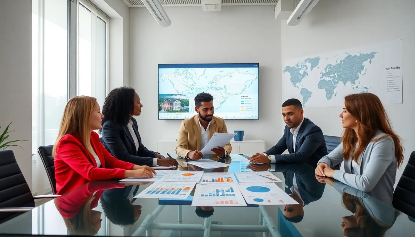 diverse team discussing multi family real estate in a modern office.