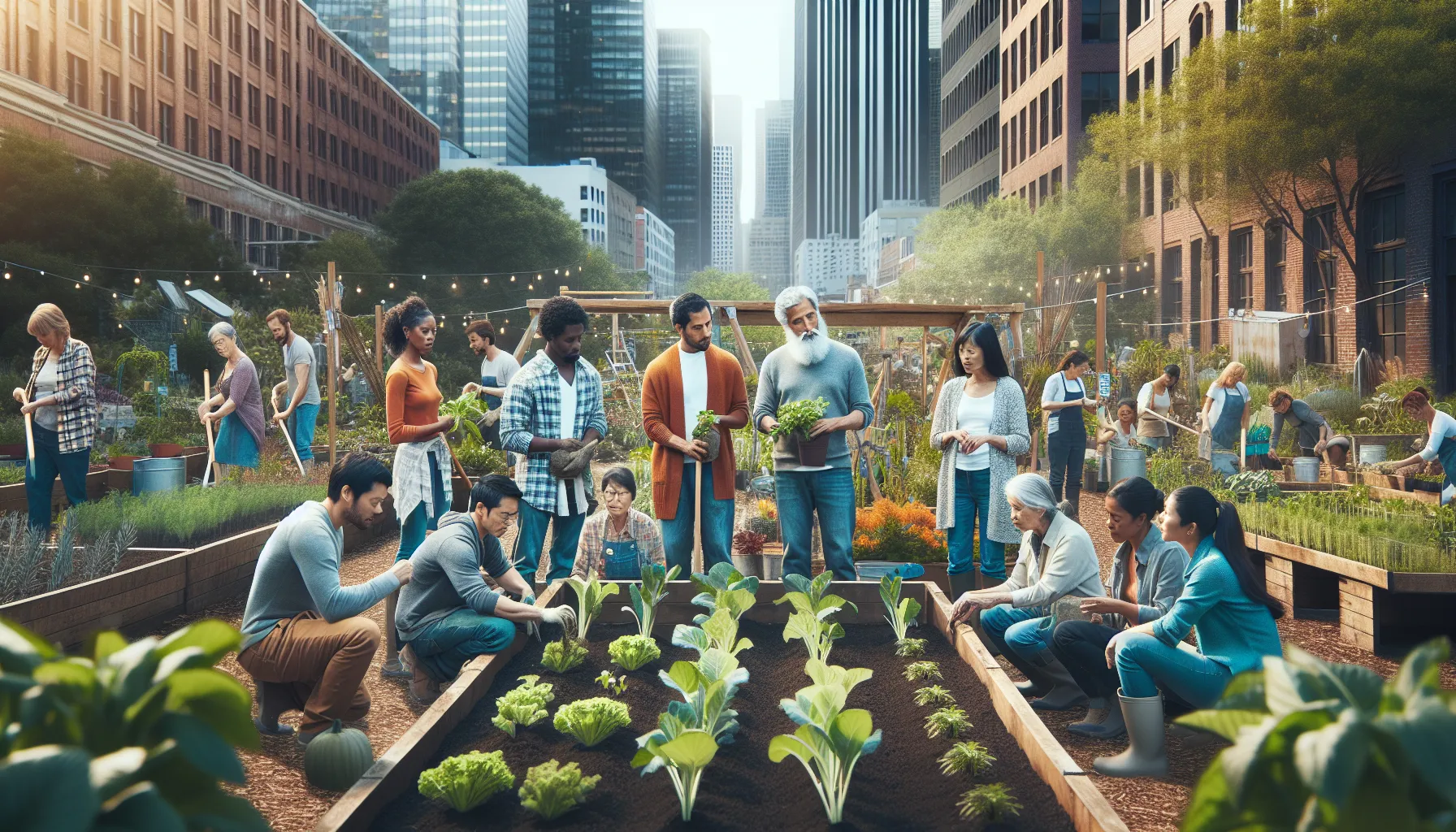 diverse group gardening in an urban community space.