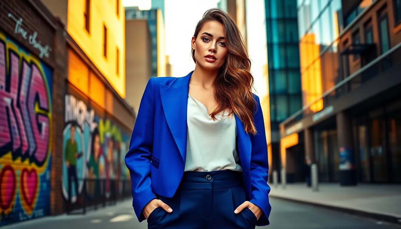 a confident woman in a stylish Hibbegs outfit in an urban setting.