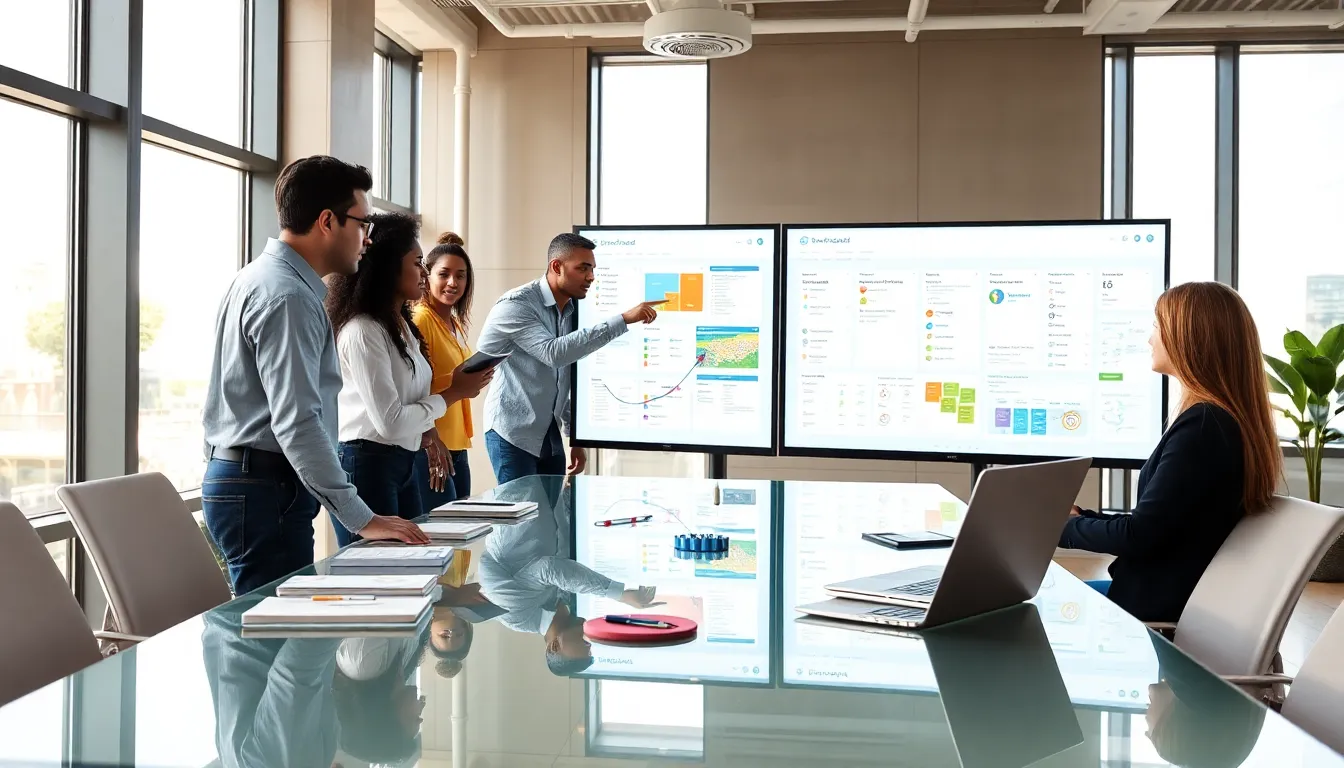diverse team collaborating with Fumbleboard in a modern office.