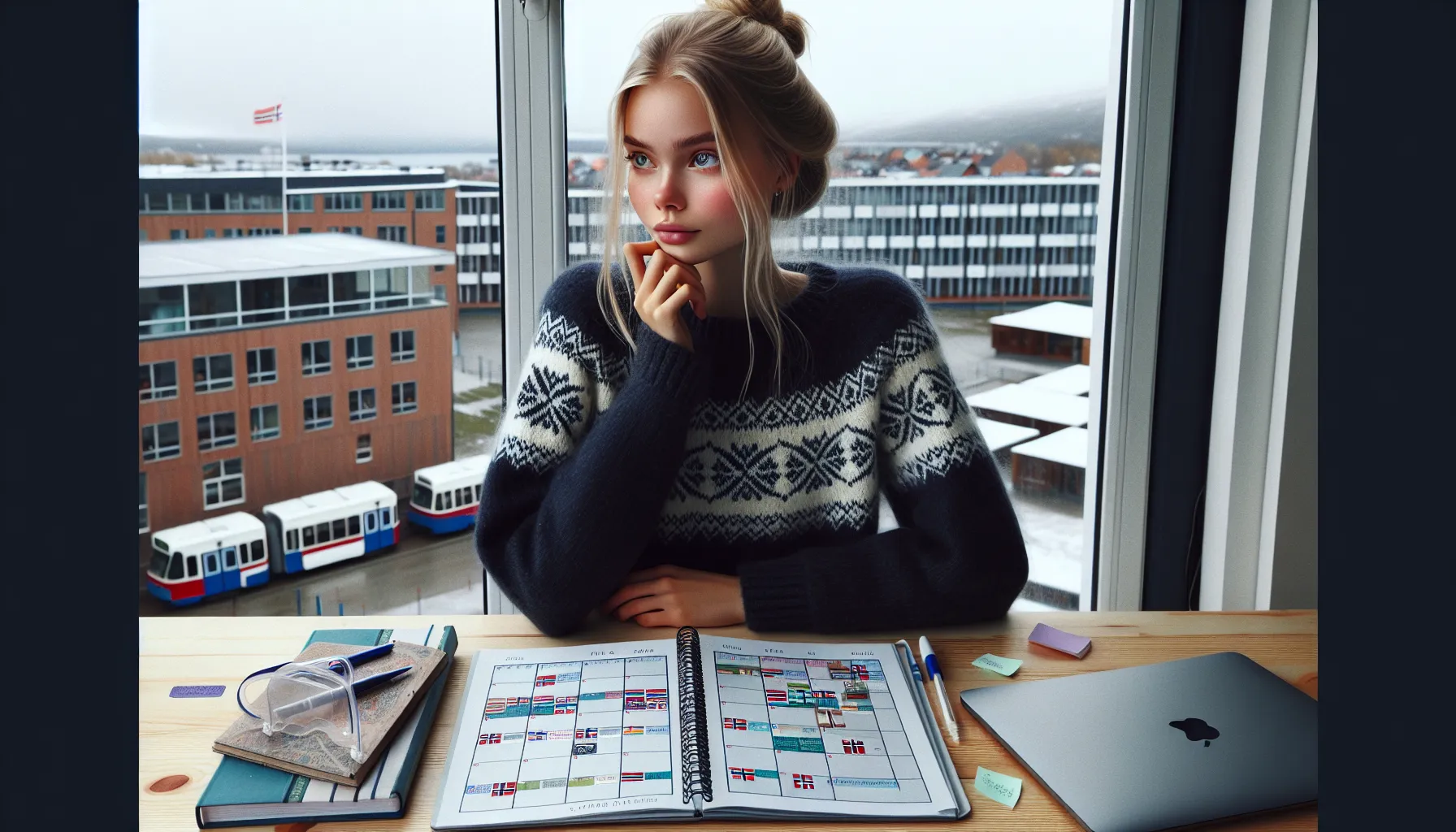 Norwegian student weighing big-city versus small-town study options at a desk.