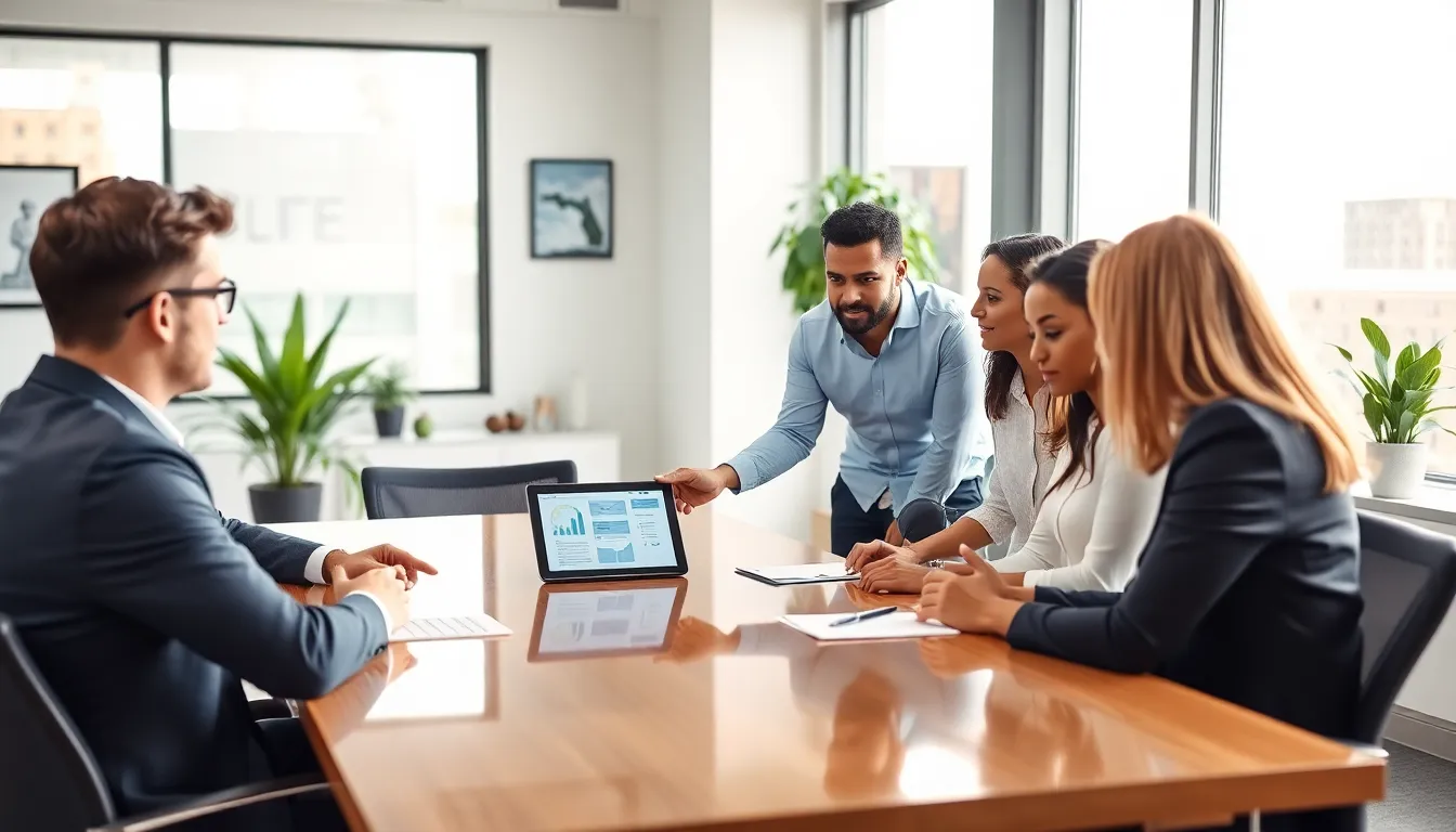 diverse team discussing communication strategies in a modern office.