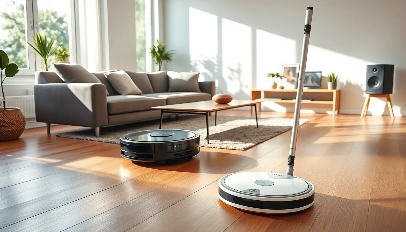 modern living room with smart cleaning devices in action.