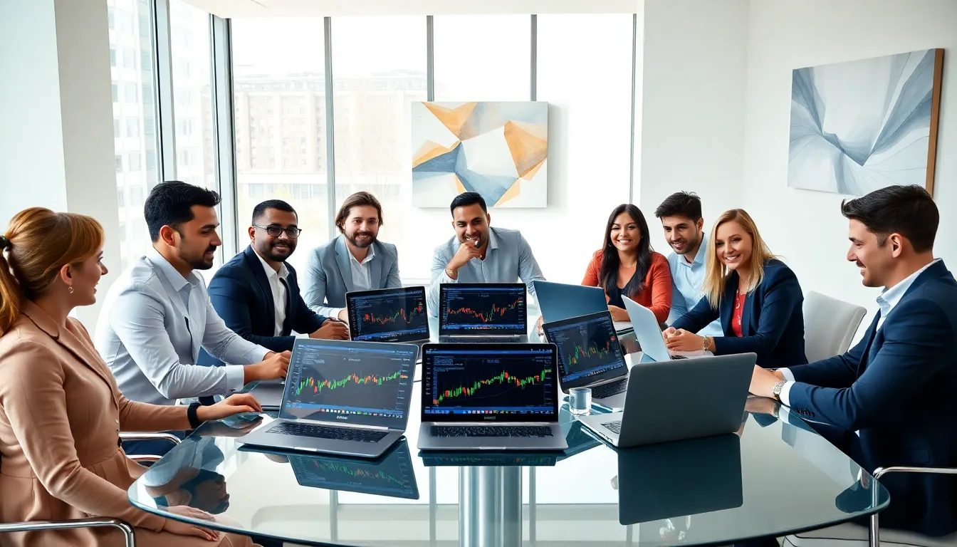 professionals discussing Bitclassic Coin in a modern office setting.