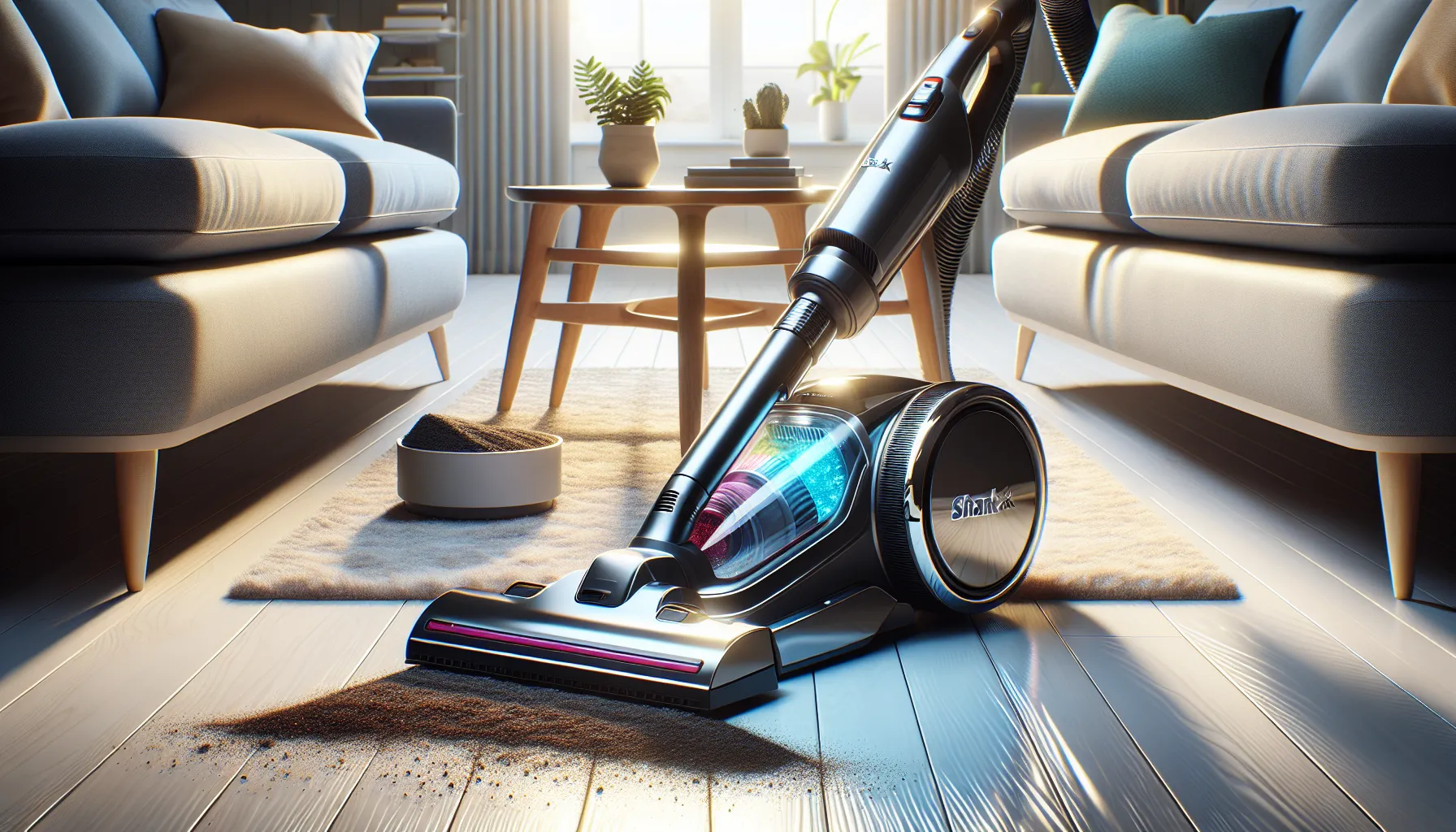 Shark vacuum cleaner ejecting dirt in a modern living room.