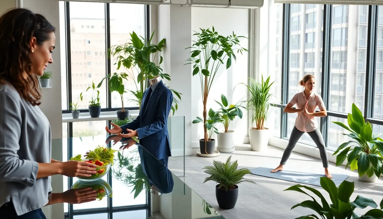 diverse professionals engaging in healthy habits in a modern office.