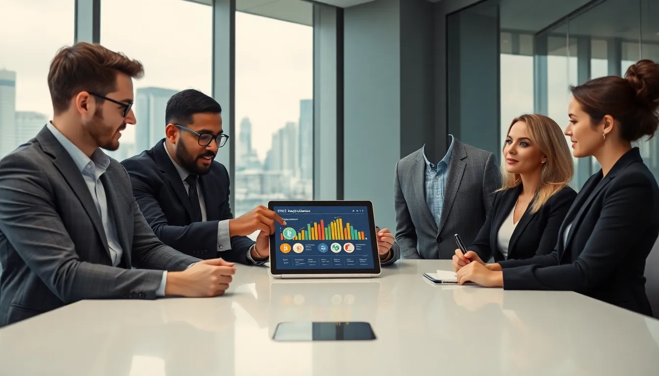 diverse team discussing cryptocurrency in a modern office.