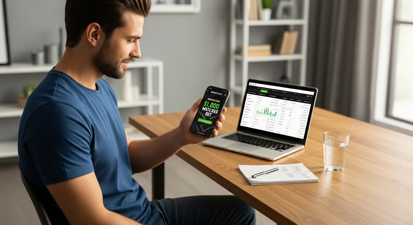 A man reviewing a $1,000 matched bet sportsbook promo on his smartphone at a home desk.