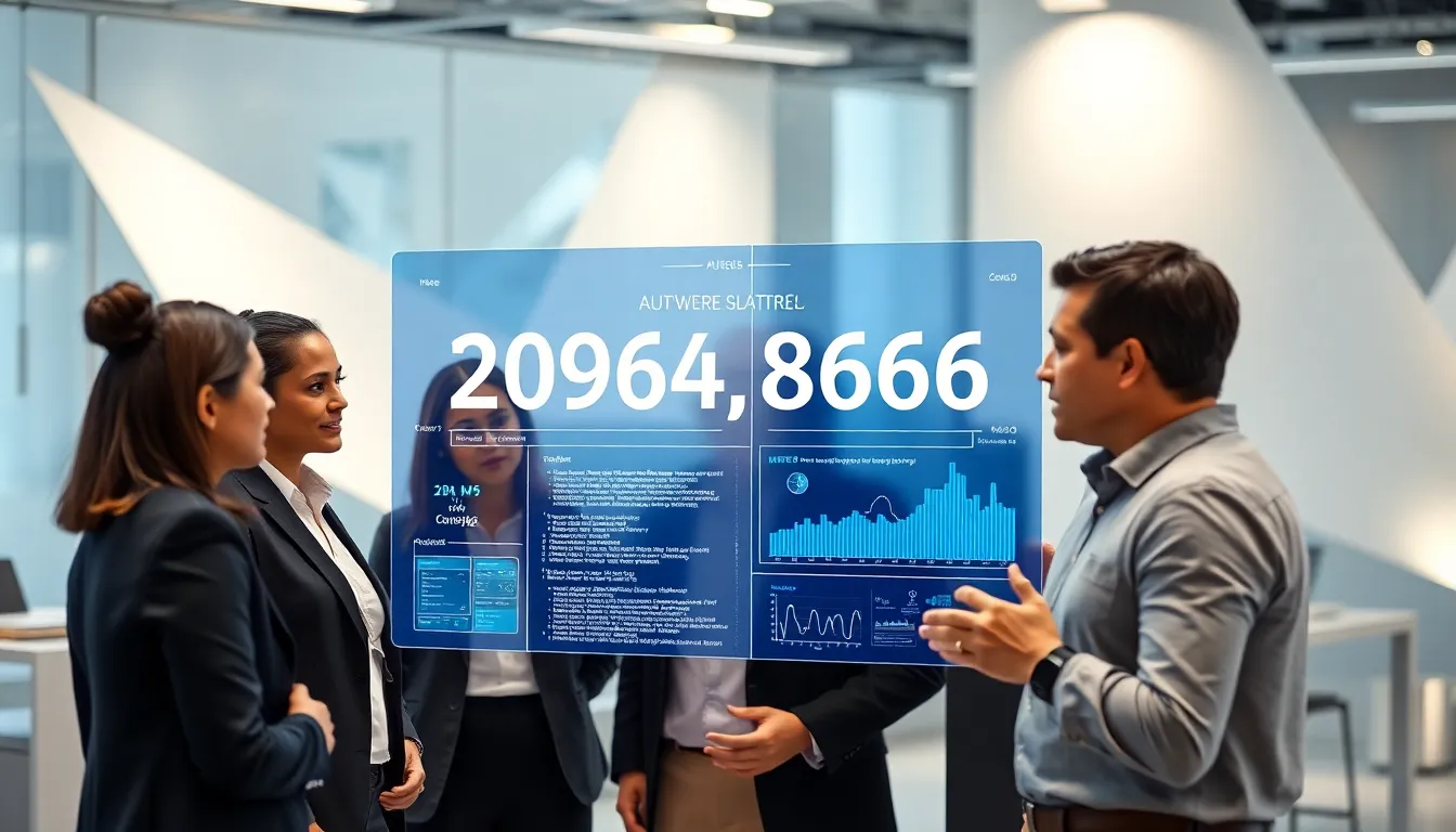 diverse professionals discussing data in a modern office setting.