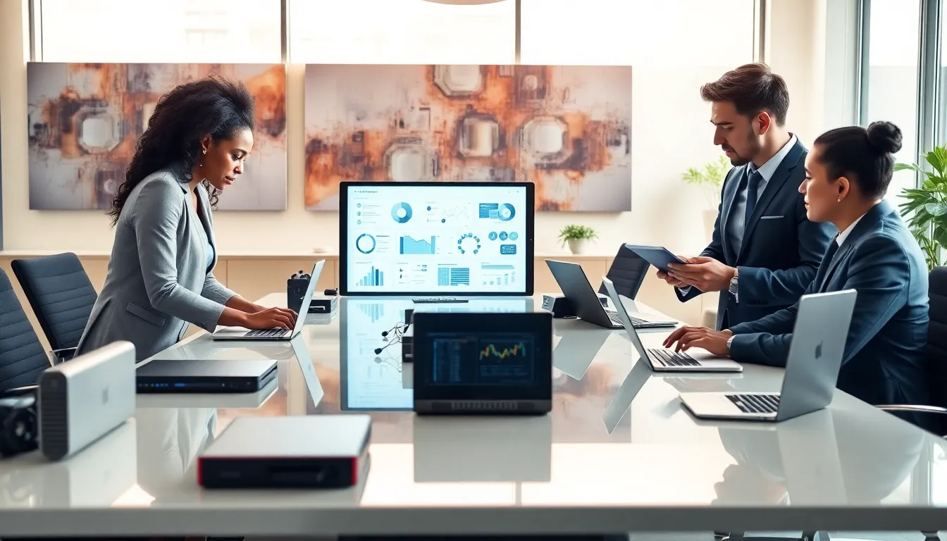 diverse professionals discussing hardware solutions in a modern office.