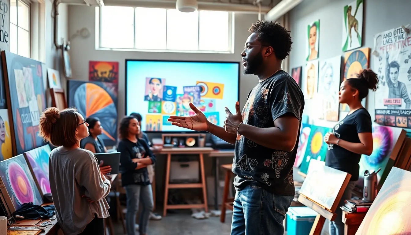 James Gussie discussing digital art with emerging artists in a vibrant studio.