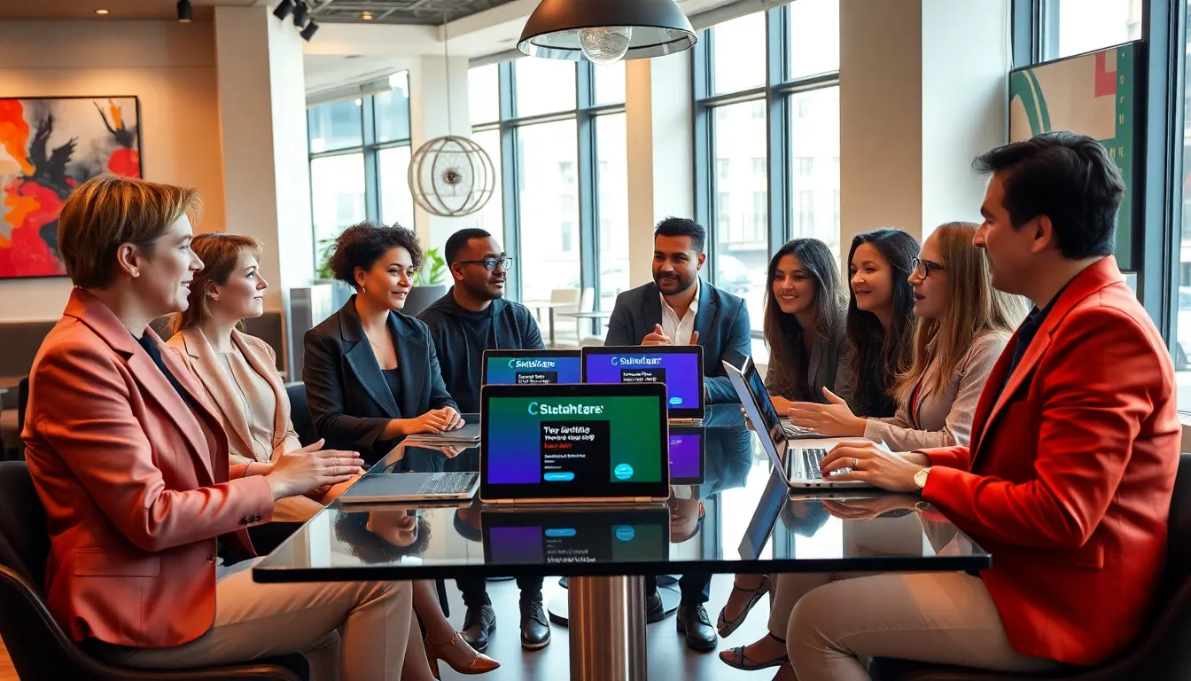 diverse transgender group discussing in a modern caf&eacute;.