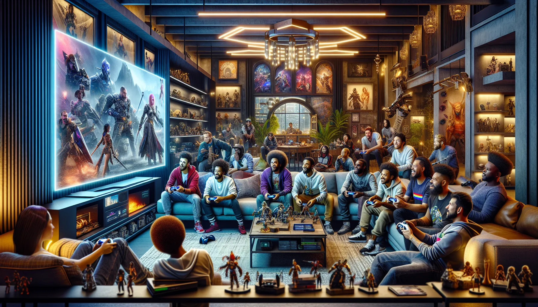diverse gamers enjoying Warcraft on a PS5 in a modern living room.