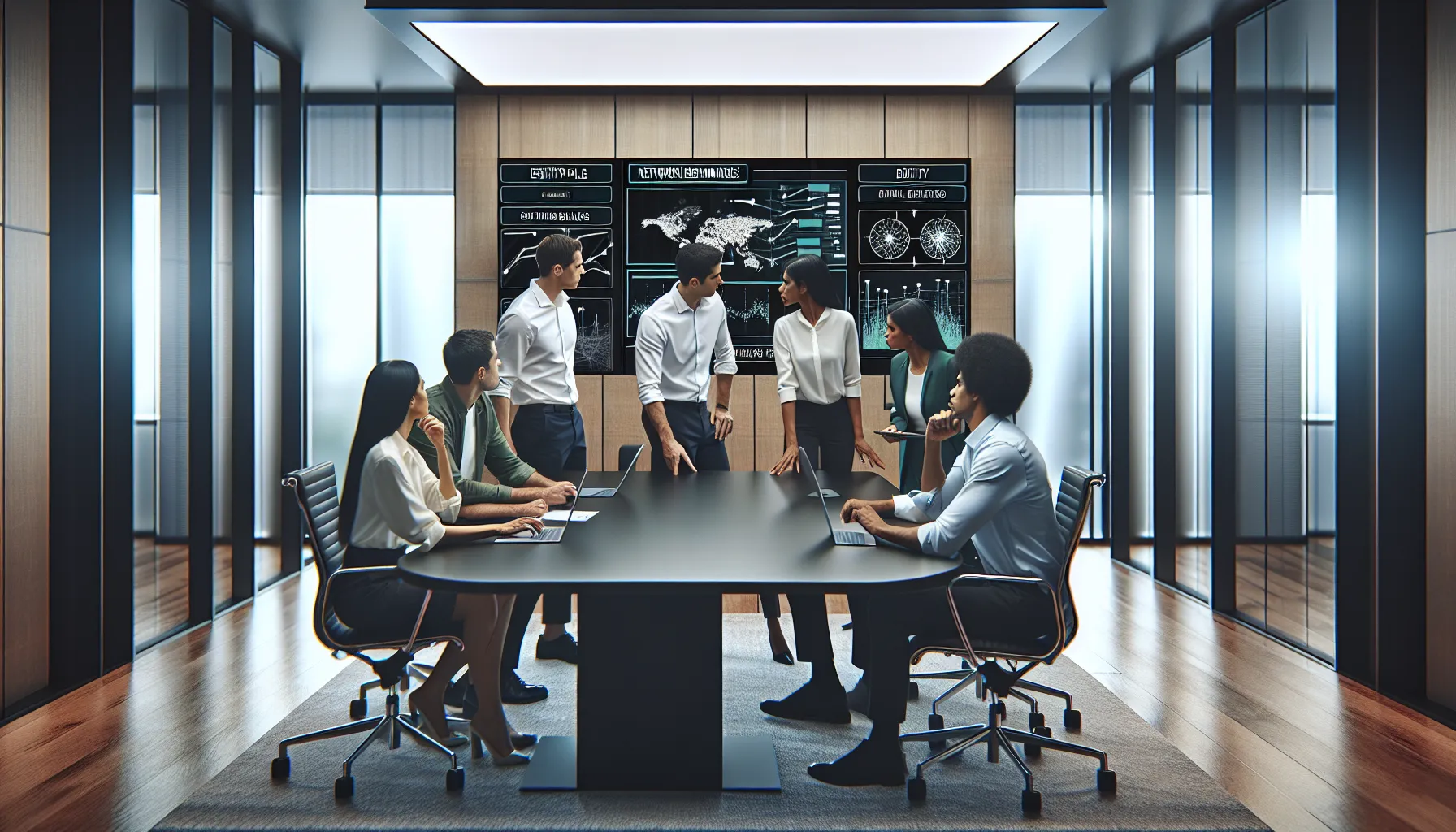 diverse IT team analyzing network data in a modern office setting.