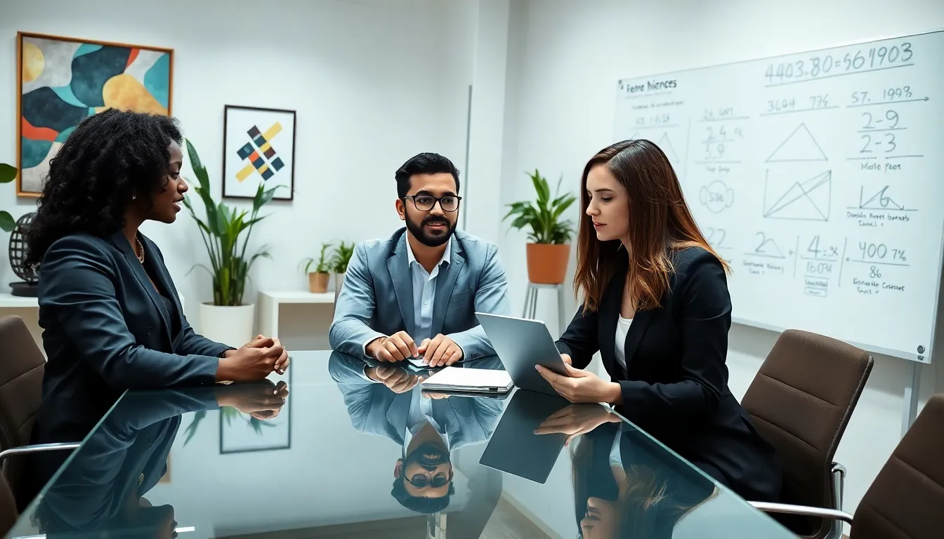 professionals discussing the significance of a number in a modern office.
