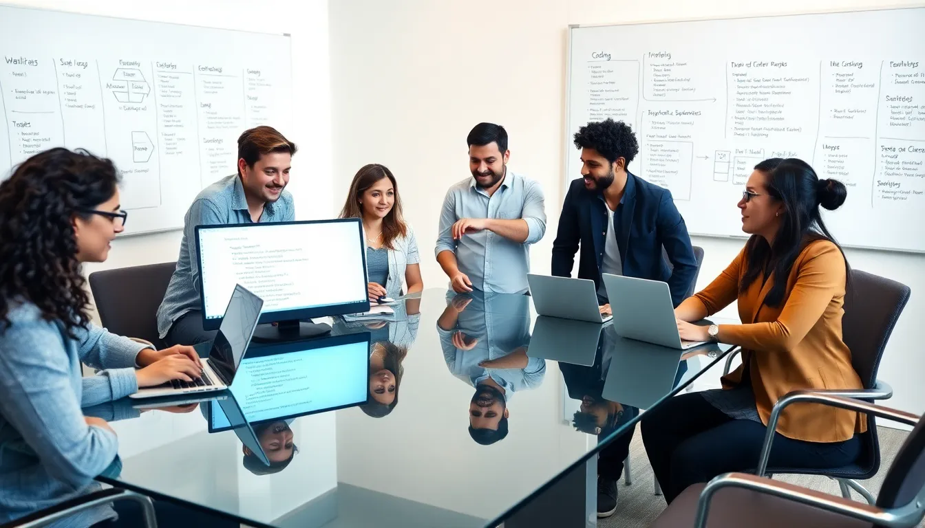 diverse developers discussing coding parameters in a modern office.