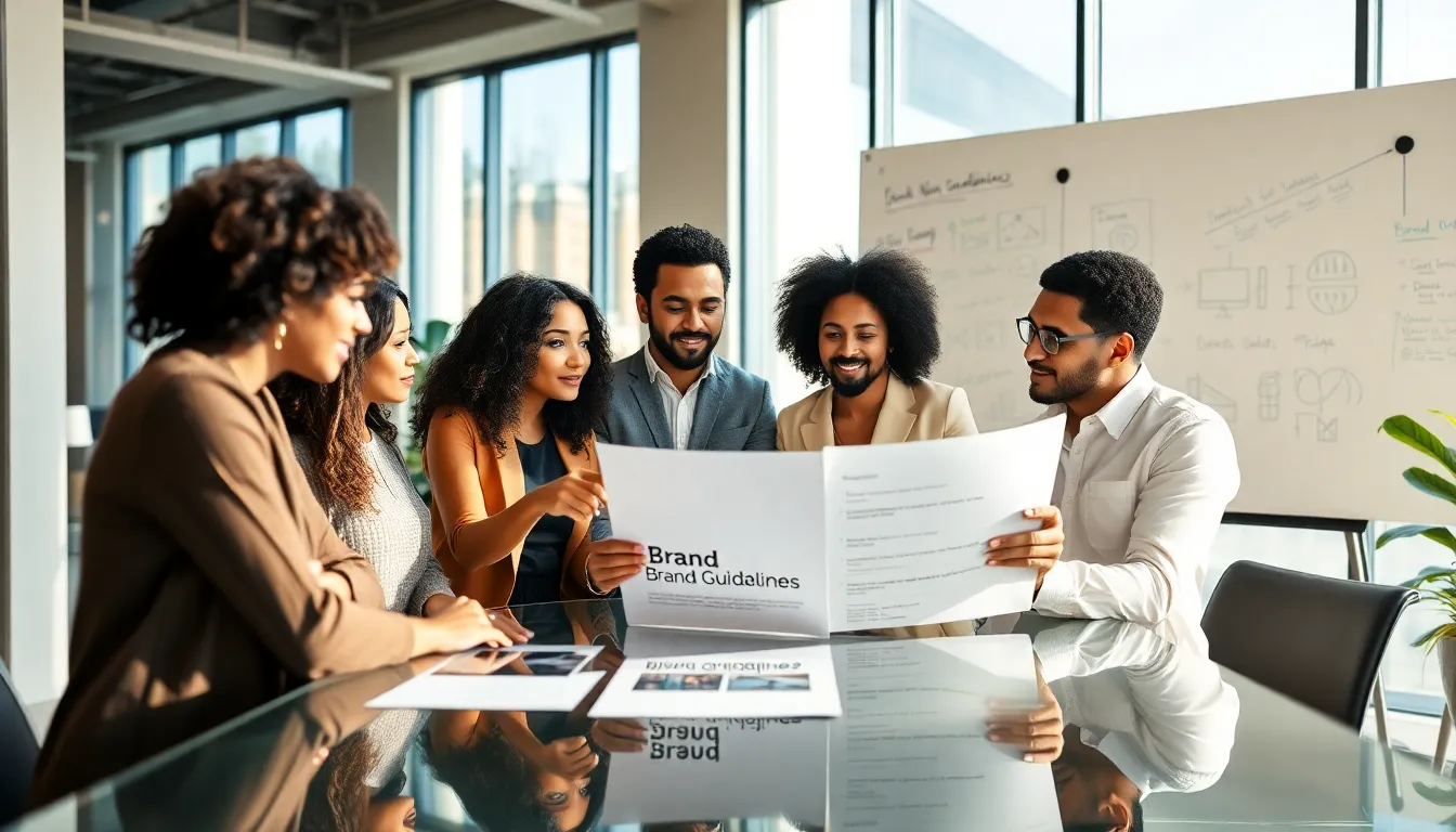 diverse team reviewing one-page brand guidelines in a modern office.