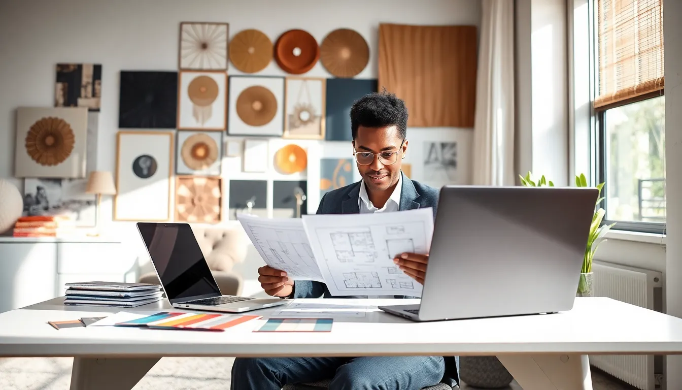 interior decorator reviewing design materials in a modern office.