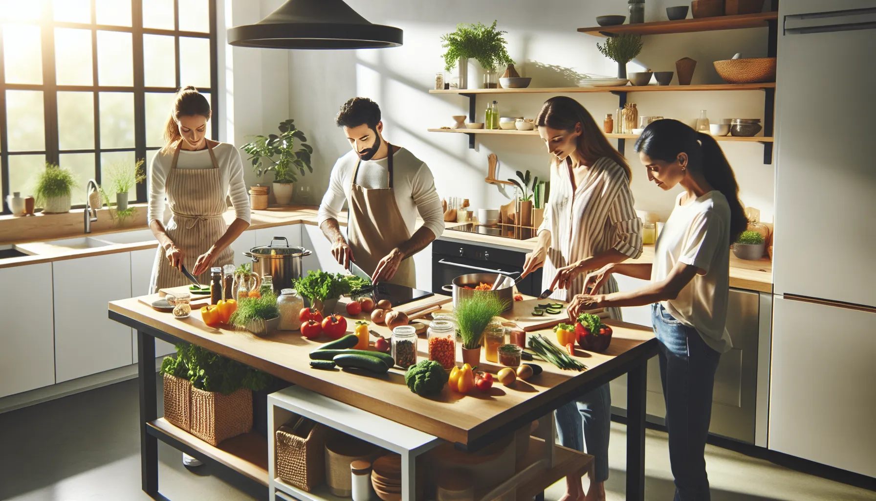 diverse group preparing meals in a bright, modern kitchen.